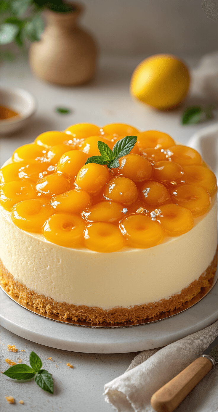 Koolhydraatarme Passievrucht Kwarktaart: Een Tropische Low Carb Verwennerij Een luxe bovenaanzicht van een ivoorkleurige kwarkvulling in een springvorm, bedekt met glanzende gouden passievruchttopping en verscheidene passievruchthelften eromheen, in een frisse koelkastomgeving.