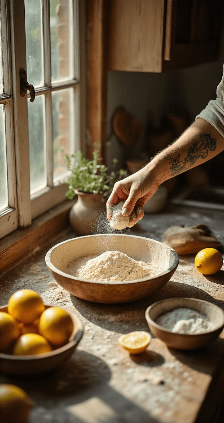 Cinematische foto van een rustieke keuken met getatoeëerde handen die amandelmeel, kokosmeel en gesmolten boter mengen in een houten kom, terwijl zachte ochtendzon warme schaduwen creëert op een marmeren aanrecht, omringd door citroenen en een vintage lepel.