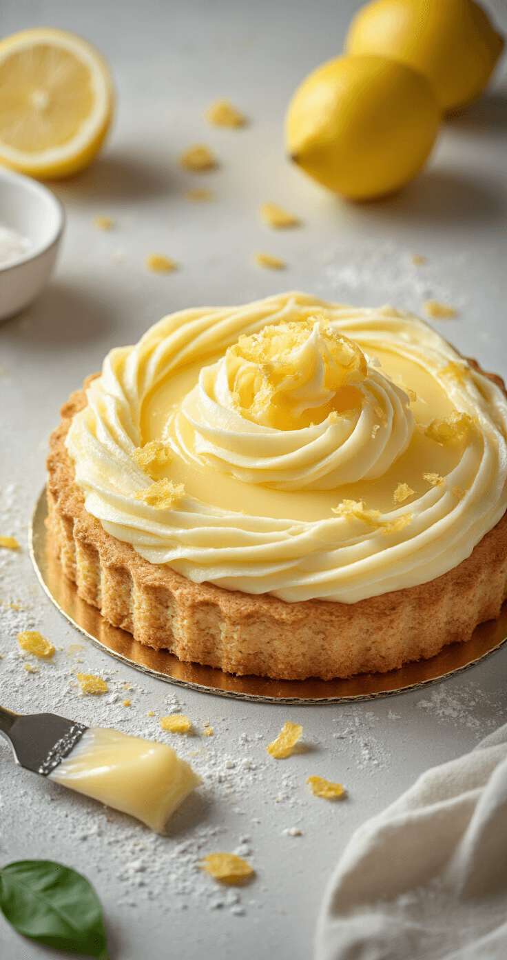 Close-up van romige MonChou-vulling op een koolhydraatarme bodem, afgewerkt met gouden lemon curd en verse citroenenrasp, in een sfeervolle keuken.