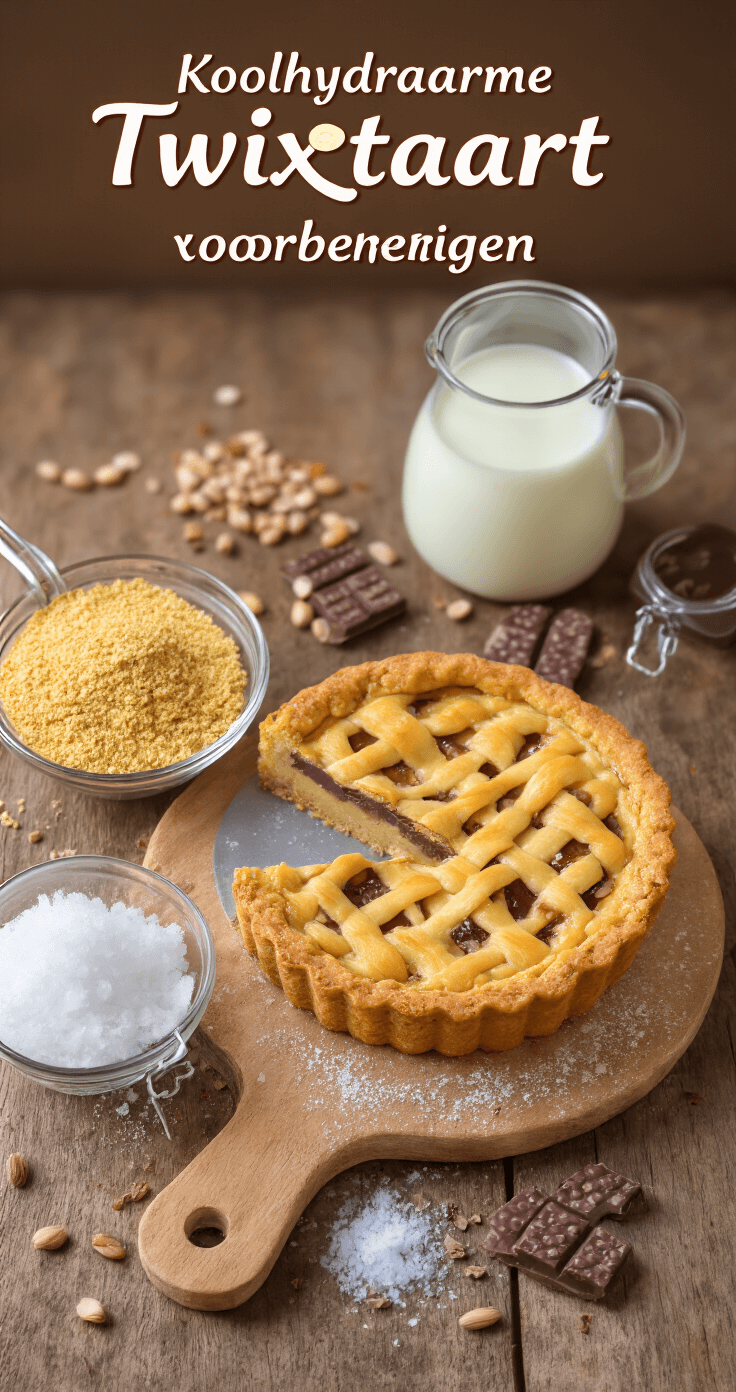 Een warme keuken met ingrediënten voor een koolhydraatarme Twixtaart, waaronder amandelmeel, erythritol, smeltende kokosolie, en suikervrije chocoladestukjes op een houten werkblad.