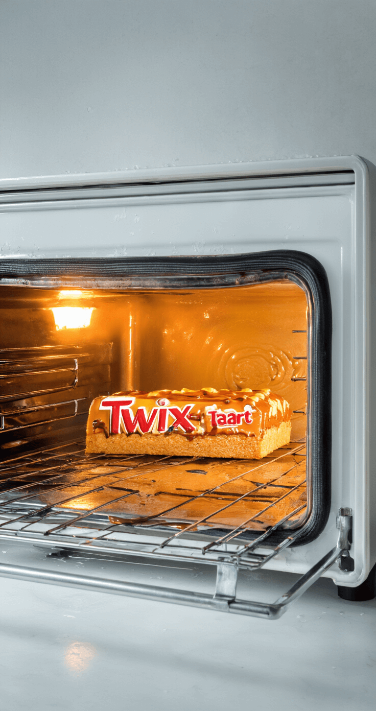 Een close-up van een Twixtaart in een moderne oven, met een gouden korst en stoom die opstijgt van de karamellaag, gefotografeerd door de glazen ovendeur.