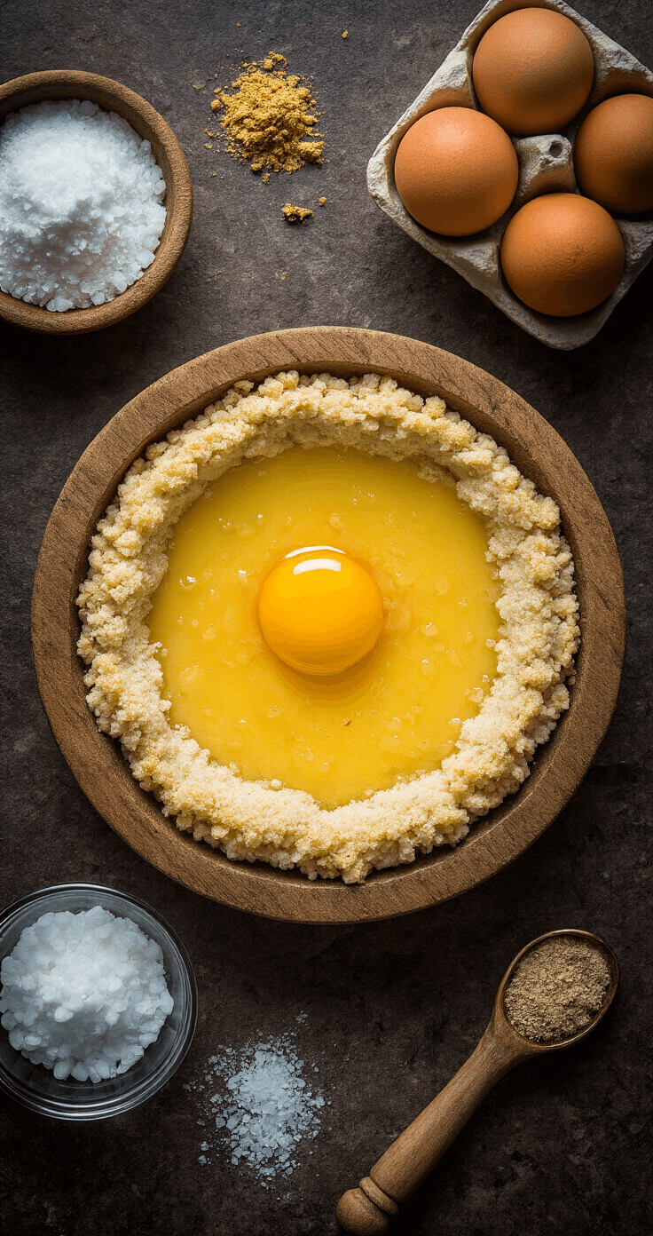 Cinematische overhead opname van een rustieke keuken met warme verlichting, met amandelmeel in een houten kom, gesmolten roomboter in een glazen schaaltje, erythritol korrels op donker marmer, een vers gebroken ei met heldere dooier, speculaaskruiden in een vintage lepel en een zilverkleurige springvorm met bakpapier.
