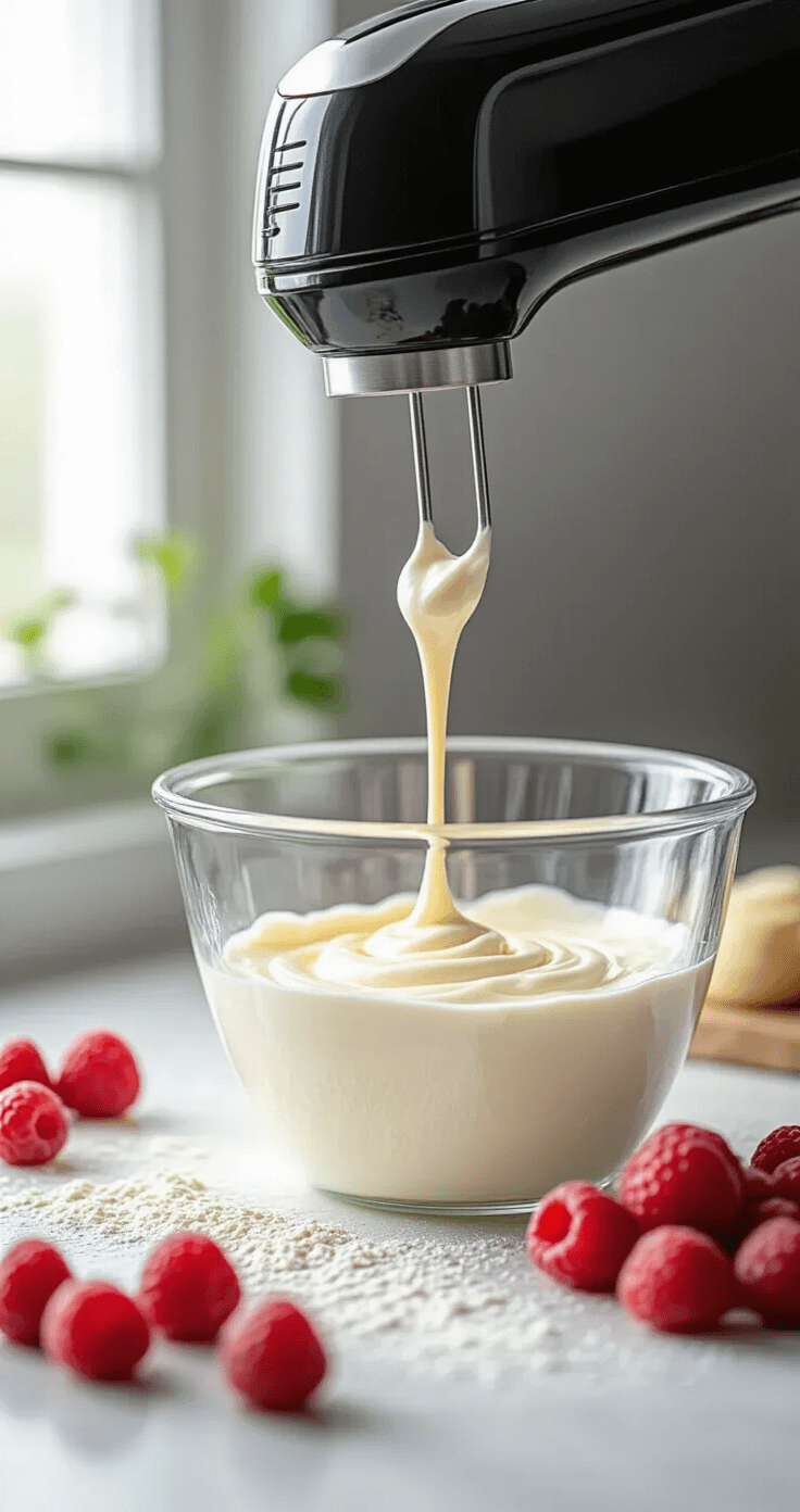 Een stijlvolle close-up van een moderne elektrische mixer die door een grote glazen kom met gladde witte kwark mixt, omringd door oplosbare gelatineblaadjes, verkruimelde verse aardbeien in sappige roze zwirls, en dikke slagroom met luchtige pieken en vanille-extract druppels op het oppervlak.