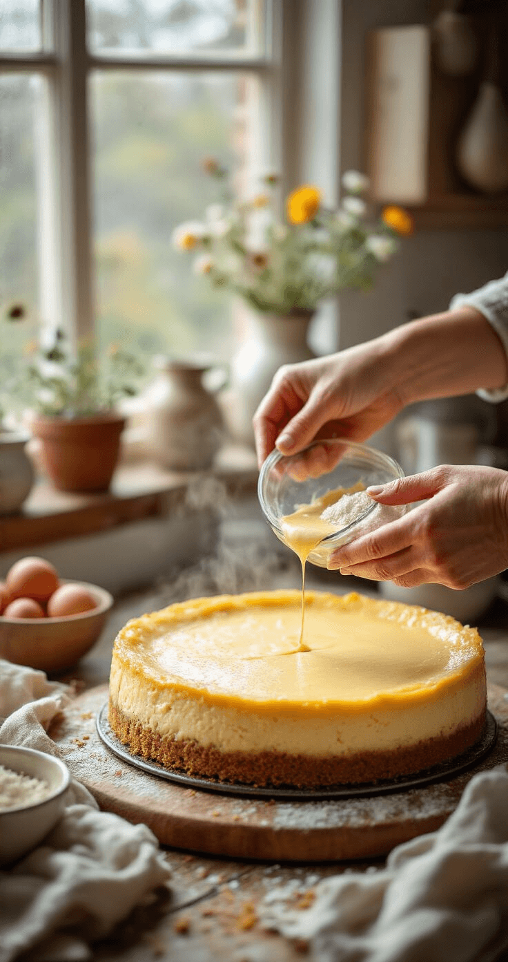 Koolhydraatarme New York Cheesecake: Jouw Ultieme Gids Close-up van handen die een mengsel van amandelmeel en kokosmeel in een glanzende springvorm drukken, met gesmolten roomboter die tussen de kruimels glinstert. Achtergrond toont een warme, gouden keuken met ochtendlicht en een voorverwarmde oven.