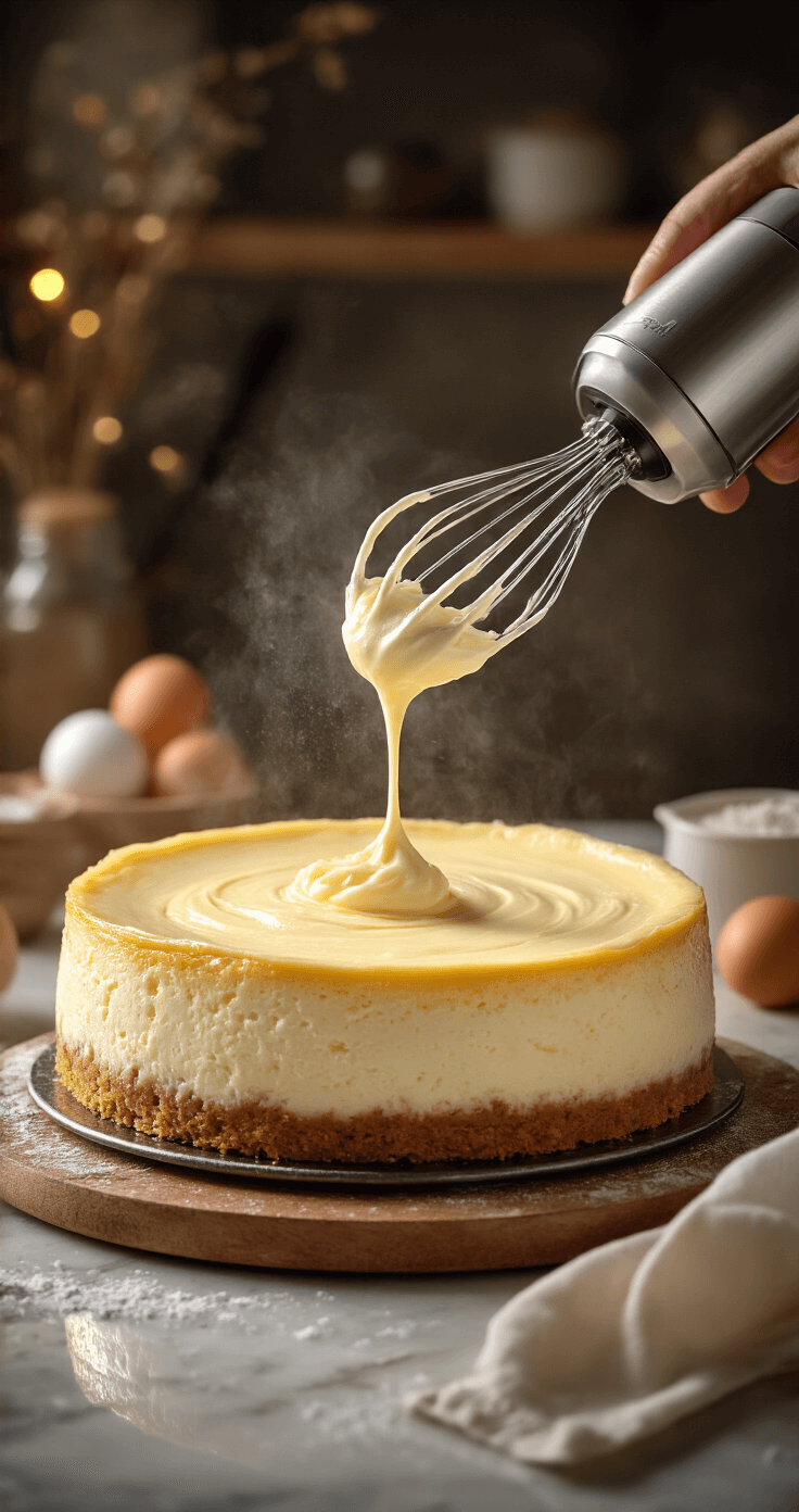 Koolhydraatarme New York Cheesecake: Jouw Ultieme Gids Cinematische opname van een professionele elektrische mixer die romige cheesecakevulling in een glanzende roestvrijstalen kom mengt, met verse ingrediënten artistiek gerangschikt op een marmeren aanrecht.