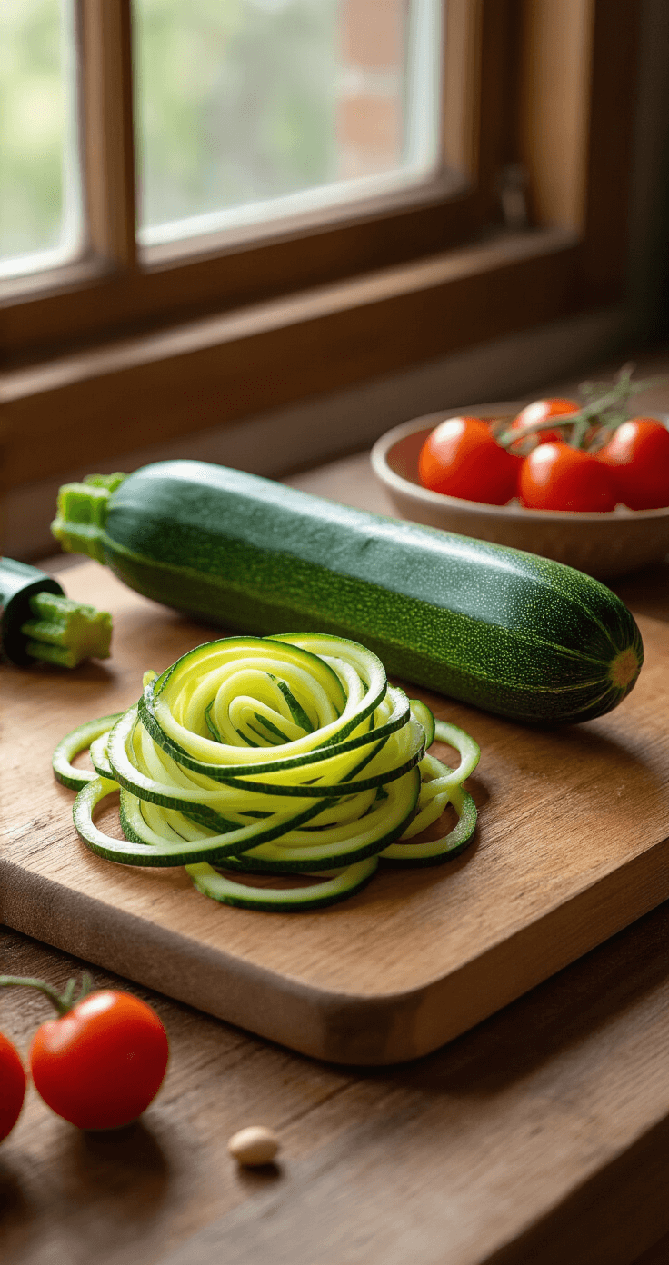 Courgette-noedels met Pesto: Een Verrassend Lichte Maaltijd Close-up van verse groene courgettes die met een spiraalsnijder worden gesneden tot noedels, op een rustieke houten snijplank met warme natuurlijke lichtinval; pijnboompitten en cherrytomaatjes artistiek op de achtergrond.