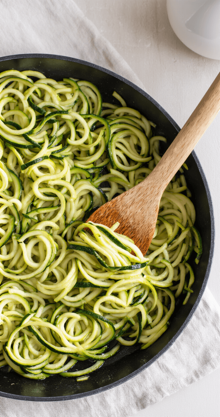 Courgette-noedels met Pesto: Een Verrassend Lichte Maaltijd Dramatisch bovenaanzicht van courgette-noedels in een zwarte koekenpan, gesis in gouden olijfolie, met een houten lepel die de spiralen beweegt, warm keukenlicht zorgt voor een gouden gloed, stoom stijgt op.