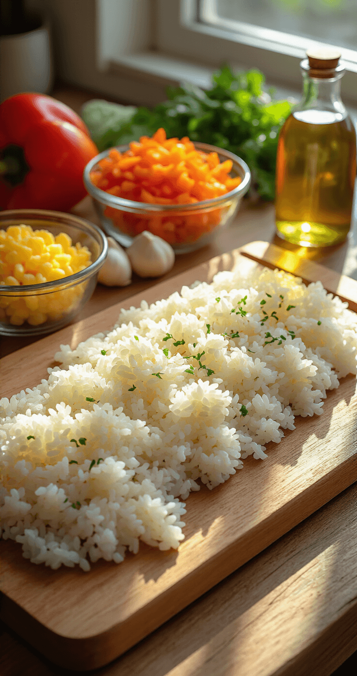 Verse bloemkoolrijst met kleurrijke gehakte groenten, knoflook en sesamolie op een houten snijplank, verlicht door warme keukenverlichting in een authentieke Nederlandse keuken.