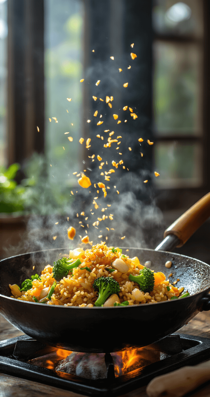 Actieshot van een rokende wok met gouden sesamolie en levendige groenten die door de lucht vliegen, omgeven door opstuivende stoom en stralend zonlicht dat de metallic oppervlakken doet glanzen.