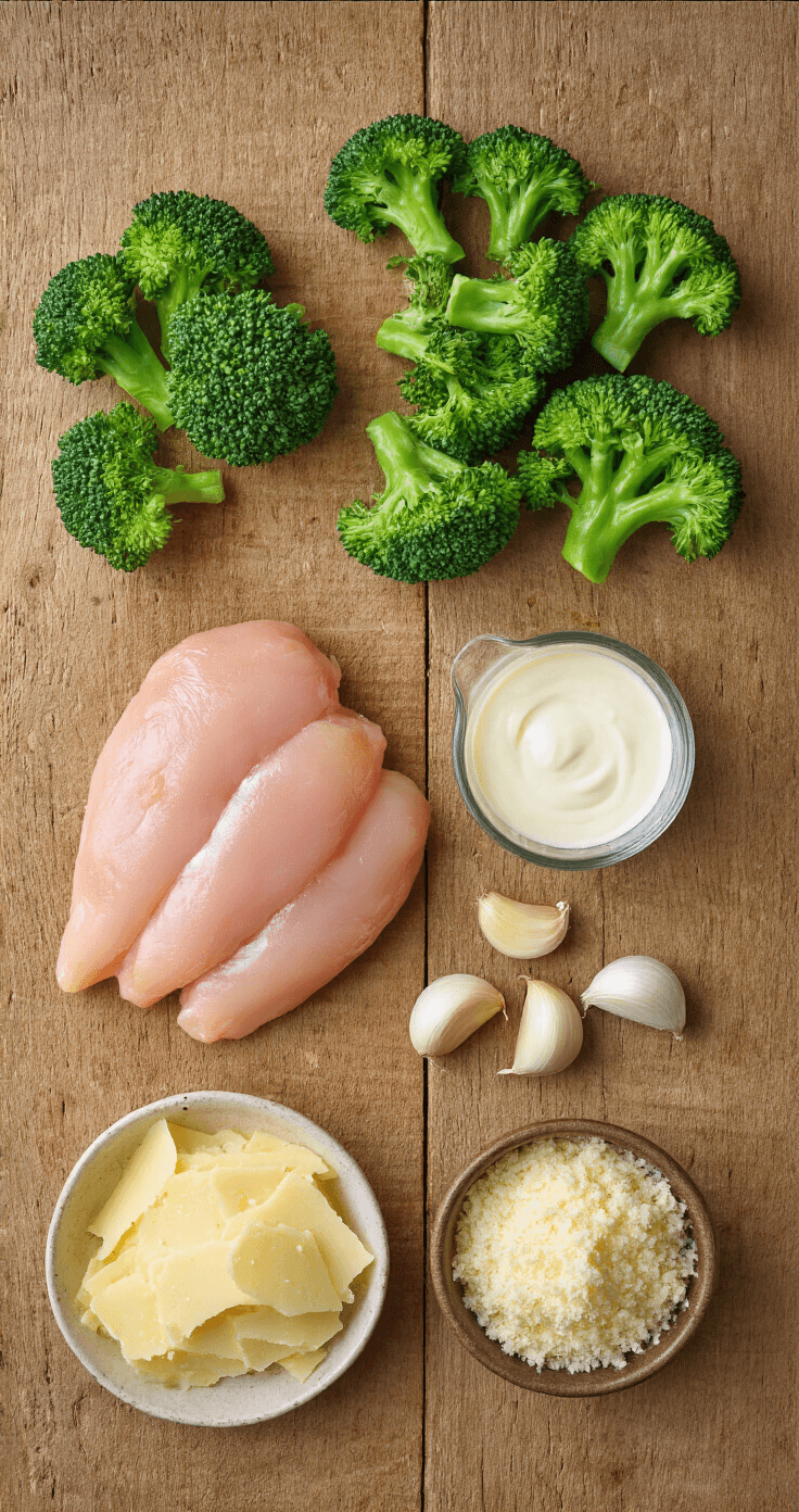Cinematische bovenaanzicht van een rustieke houten keuken met ingrediënten voor keto kip alfredo: gesneden kipfilet, broccoliroosjes, romige room, geraspte Parmezaanse kaas, knoflookteentjes en boter, verlicht door zachte natuurlijke verlichting.