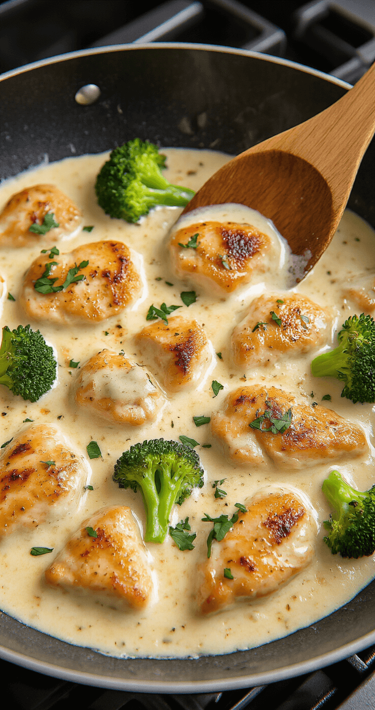 Dramatische close-up van een zwarte koekenpan met sissende goudbruine kipstukjes en heldergroene broccoli, terwijl een rijke, romige Alfredo-saus borrelend wordt geroerd; warme keukenverlichting accentueert de glanzende textuur en stoom stijgt op.