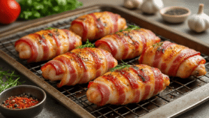 Cinematische close-up van perfecte bacon gewikkelde kipfilets op een roestvrijstalen rooster, omringd door kommen met specerijen en verse kruiden, met dramatische schaduwen en een warme kleurenpalet.