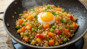 Bloemkoolrijst Roerbak: Snel, Gezond en Heerlijk! Cinematische close-up van bloemkoolrijst roerbak in een glanzende wok, omringd door kleurrijke groenten en een geroerd ei, met reflecties van sojasaus en een zachte, warme kleurenschema.
