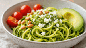 Courgette-noedels met Pesto: Een Verrassend Lichte Maaltijd Cinematische close-up van courgette-spiraalnoedels in een witte keramische kom, gegarneerd met cherrytomaatjes, avocado, pijnboompitten en feta, met pesto en een rustieke achtergrond van een spiraalsnijder en verse ingrediënten.