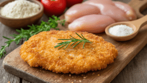 Kipschnitzel met Knapperige Amandelkorst: Een Koolhydraatarm Meesterwerk Cinematisch close-up van een perfect goudbruine kipschnitzel met krokante amandelmeel korst, omringd door verse ingrediënten op een rustieke houten snijplank, met warme amberkleurige verlichting en dramatische schaduwen.