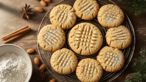 Keto Kerstkoekjes met Amandelmeel: Feestelijke Low-Carb Lekkernij A cinematic overhead shot of golden-brown keto Christmas cookies on a vintage cooling rack, surrounded by whole almonds, cinnamon sticks, and fresh pine sprigs, with a dusting of powdered sweetener, set on a rustic wooden surface in warm natural light.