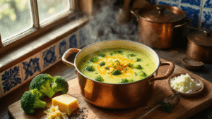 Ultieme Keto Broccoli-Kaas Soep: Romig, Vetrijk en Supersnel! Cinematic overhead shot of a rustic Dutch kitchen featuring a warm copper pot of vibrant broccoli-cheese soup with steam rising, surrounded by fresh ingredients on a weathered wooden cutting board, illuminated by golden hour sunlight.