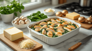 A photorealistic kitchen scene showcasing an organized mise en place with fresh ingredients for a keto chicken spinach casserole, including diced chicken, spinach, mushrooms, cream cheese, grated cheese, onions, and garlic, set on a marble countertop with natural light and soft shadows.