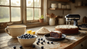 A photorealistic image of a rustic farmhouse kitchen bathed in soft morning light, featuring a wooden countertop with fresh blueberries, almond flour, dark chocolate chunks, and butter, alongside a vintage mixing bowl and chrome electric mixer, all set in a warm color palette.