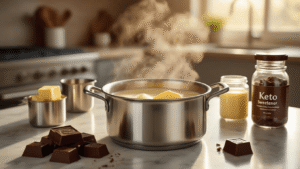 Keto Chocolade Fudge: Hét Ultieme Gezonde Dessert voor Zoetminnende Keto-Volgers A cinematic photograph of a modern kitchen with a stainless steel saucepan of simmering cream and butter on a marble countertop, surrounded by chocolate drops, measuring cups, and keto sweetener, illuminated by golden afternoon sunlight.