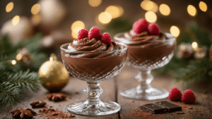 Luxurious dark chocolate mousse in vintage crystal dessert glasses, garnished with fresh raspberries and cocoa powder, set on a rustic wooden table with Christmas lights bokeh. Decorated with pine branches and gold ornaments, the dessert features a velvety texture and a creamy avocado base, captured in warm lighting.