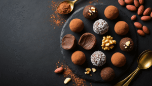 Keto Chocolade Truffels met Nootjes: Heerlijke Low-Carb Verwennerij Overhead shot of keto chocolate truffles on a matte black slate surface, garnished with cacao powder, crushed nuts, and coconut flakes, featuring a split truffle revealing a fudgy interior, with vintage brass spoons and raw cacao beans in the scene.