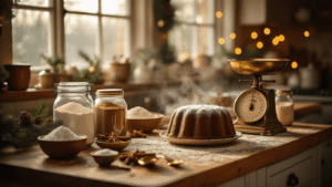 Keto Kerstpudding Recept: Een Stapsgewijze Gids A rustic Dutch kitchen with soft natural light features keto baking ingredients and a steaming pudding mold, accented by twinkling Christmas lights and warm amber tones.