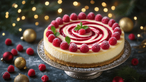 Keto Kerstcheesecake met Frambozen: Feestelijk Low-Carb Dessert A luxurious keto raspberry cheesecake on an ornate silver cake stand, featuring a creamy white filling with vibrant red raspberry swirls, garnished with fresh mint and keto powdered sugar, surrounded by whole raspberries and festive gold and deep green decorations, with bokeh fairy lights creating a moody holiday ambiance.