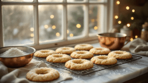 A rustic Dutch kitchen scene featuring freshly baked keto Christmas wreath cookies cooling on a vintage wire rack, surrounded by coconut flakes and almond flour, with warm morning light filtering through a window, and a soft bokeh of Christmas lights in the background.