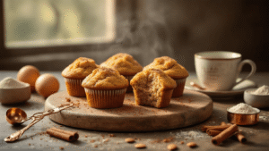 Keto Kruidige Kaneel Muffins: Jouw Ultieme Low-Carb Lekkernij Freshly baked keto cinnamon muffins arranged on a rustic wooden board, showcasing golden-brown tops dusted with cinnamon and steam rising, with one muffin split open to reveal its moist texture, accompanied by copper measuring spoons, whole cinnamon sticks, fresh eggs, and a vintage coffee cup, all set against a softly blurred warm-toned background.
