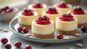 Cinematic close-up of elegant mini cheesecakes with cranberry swirl topping on a vintage blue-grey plate, surrounded by fresh cranberries and almond slivers, illuminated by soft natural light against a moody backdrop.