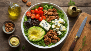 A cinematic overhead shot of a luxurious keto salad preparation on a rustic wooden table, featuring vibrant greens, marbled blue cheese, toasted nuts, and ripe avocados, with artisan bowls of dressing and fresh herbs, all illuminated by soft natural light.