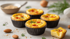 Cinematische close-up van keto mini quiches in een zwarte muffinvorm met een goudbruine bovenkant, rode paprika en groene kruiden, omringd door amandelmeel en verse kruiden in een warme, gezellige keuken met kerstdecoraties.