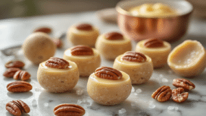 Keto Pecan Fat Bombs: Heerlijke Energiebommetjes voor Je Ketogene Dieet A close-up image of luxurious keto pecan fat bombs arranged on a weathered marble surface, illuminated by dramatic side lighting, showcasing a glossy sheen and a single pecan garnish on top, with scattered whole pecans, melted butter swirls, and crystalline erythritol in a moody, artisanal presentation.