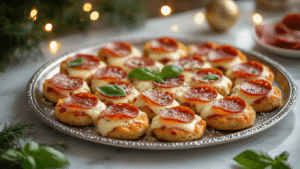 Keto Kerstpizza Hapjes: Heerlijke Low-Carb Feestelijke Bites Crispy keto pizza bites topped with pepperoni and mozzarella, elegantly arranged on a silver platter in a festive Dutch kitchen, with warm lighting, holiday decor, and fresh basil, showcasing a luxurious holiday-inspired food presentation.