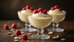 Keto Romige Vanillepudding: Een Heerlijk Laag-Carb Dessert Creamy vanilla keto pudding in crystal coupes, garnished with raspberries and toasted almonds, set on a rustic wooden table against a moody dark backdrop, showcasing silky texture and rich cream color with golden undertones.