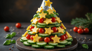 Keto Kerstboom van Groente en Kaas: Feestelijke Low-Carb Sensatie! A photorealistic arrangement of a vegetable Christmas tree appetizer, featuring cucumber slices, cherry tomatoes, and cheese stars on a dark rustic wooden board, with fresh basil leaves and Italian herbs, all set against a moody background with soft directional lighting and gentle bokeh.