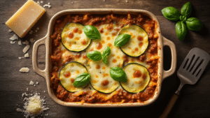 A rustic ceramic baking dish filled with bubbling keto lasagna made with zucchini slices, rich meat sauce, and melted cheese, garnished with fresh basil, captured in warm ambient light with a dramatic overhead angle, showcasing detailed textures and appetizing steam wisps.