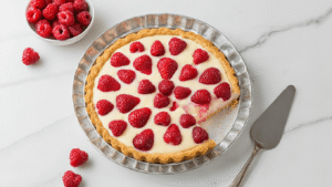 Koolhydraatarme Aardbeien Kwarktaart: Heerlijk Gezond Genieten Elegante koolhydraatarme aardbeienkwarktaart in een zilverkleurige springvorm op een marmeren ondergrond, omringd door ingrediënten zoals amandelmeel, verse aardbeien, gesmolten boter, gelatine, erythritol, slagroom en vanille-extract, verlicht door warme studioverlichting.