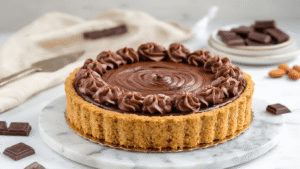 Cinematische close-up van een luxe koolhydraatarme chocolademousse taart met een amandelmeel bodem, rijkelijke mousse tekstuur en ingrediënten zoals chocoladeblokjes en cacaopoeder op een marmeren werkblad, gefotografeerd in natuurlijk licht met professionele food styling.