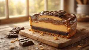 Koolhydraatarme Twixtaart Close-up van een luxueuze koolhydraatarme Twixtaart op een verweerd houten werkblad, met rijke chocolade-karamel texturen, gesmolten kokosolie en amandelmeel, gefotografeerd in warm ochtendlicht met een gezellige keukenachtergrond.