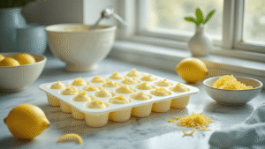 Keto Citroen Fat Bombs: De Ultieme Zuivelvrije Energiebom A vintage Dutch kitchen scene featuring artisanal silicone molds filled with creamy lemon fat bomb mixture, surrounded by fresh lemon peels and zest, with soft natural light illuminating a marble countertop.