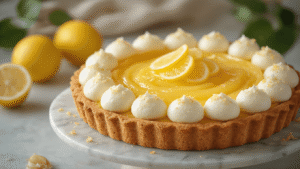 Close-up of a low-carb lemon MonChou cheesecake with a golden almond flour crust and creamy filling, garnished with shiny lemon curd drops and fresh lemon zest, set on a marble countertop surrounded by fresh lemons and a wooden bowl of almond flour, captured with warm natural lighting and soft shadows.