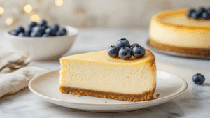 Koolhydraatarme New York Cheesecake: Jouw Ultieme Gids Macro-opname van een perfect gesneden koolhydraatarme New York cheesecake met amandelmeel bodem, op een elegant wit bord, garnished met blauwe bessen, in een warme keuken met marmeren aanrecht.