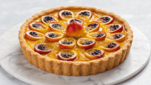 Close-up van een luxueuze koolhydraatarme passievrucht kwarktaart met een ivoorkleurige kwarklaag en gouden topping, op een elegante marmeren ondergrond, omringd door verse passievruchtenhelften en hazelnoten, met een amandelmeel bodem zichtbaar aan de zijkant, warme keukenambiance en een dampende koffiemok op de achtergrond.