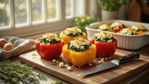 Keto Gevulde Paprika's met Kerstkruiden: Een Feestelijk Low-Carb Meesterwerk A beautifully styled kitchen scene featuring vibrant stuffed bell peppers filled with spinach, feta, and cauliflower rice, arranged on a rustic wooden cutting board with fresh herbs and a chef's knife, captured in warm, festive lighting with soft shadows and steam rising from the ceramic baking dish.