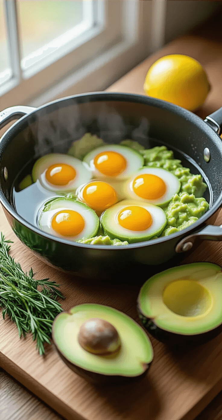 Cinematische keukenscène met borrelende kookpan met hardgekookte eieren, gehalveerde rijpe avocado's, verse bieslook, Griekse yoghurt in een kommetje en gehalveerde limoen.