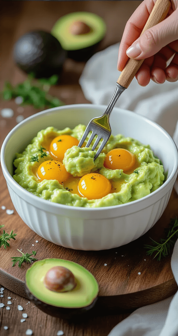 Close-up van een witte keramische kom met romig avocado-yoghurtmengsel, omringd door gouden eierdopjes, verse bieslook, chilivlokken en zeezoutkristallen, op een houten ondergrond in een rustieke keuken met warme daglichttoen.