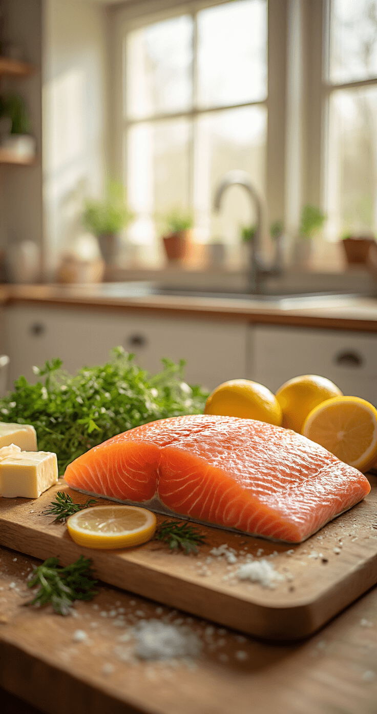 Gebakken Zalm met Citroenboter: Een Culinair Meesterwerk Cinematische close-up van zalmfilets op een houten snijplank, omringd door verse citroenen, boterblokjes en peterselie, met warme keukenverlichting en subtiele schaduwspelingen.
