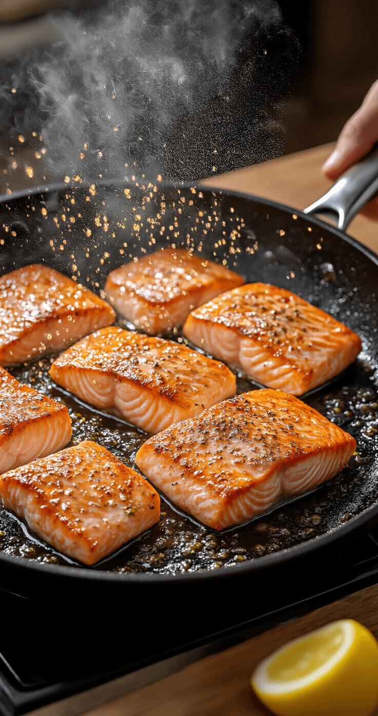 Gebakken Zalm met Citroenboter: Een Culinair Meesterwerk Dramatisch actie shot van sissende zalmfilets in een zwarte gietijzeren pan met gouden, bruisende boter, warme stoomwolken en een close-up van de krokante textuur en sappige binnenkant, met een professionele chef-kok die keukentangen vasthoudt.